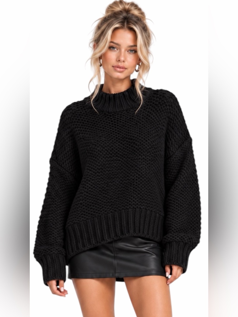 Free People – My Only Sunshine Chunky Mock Neck Sweater – Black – Sz. L - Picture 2 of 8